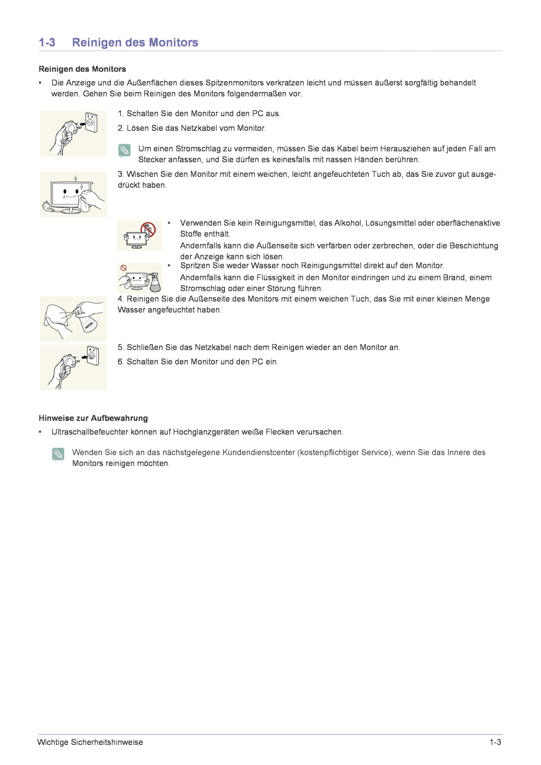 Samsung LF22NPBHBNP/EN manual Reinigen des Monitors, Hinweise zur Aufbewahrung 