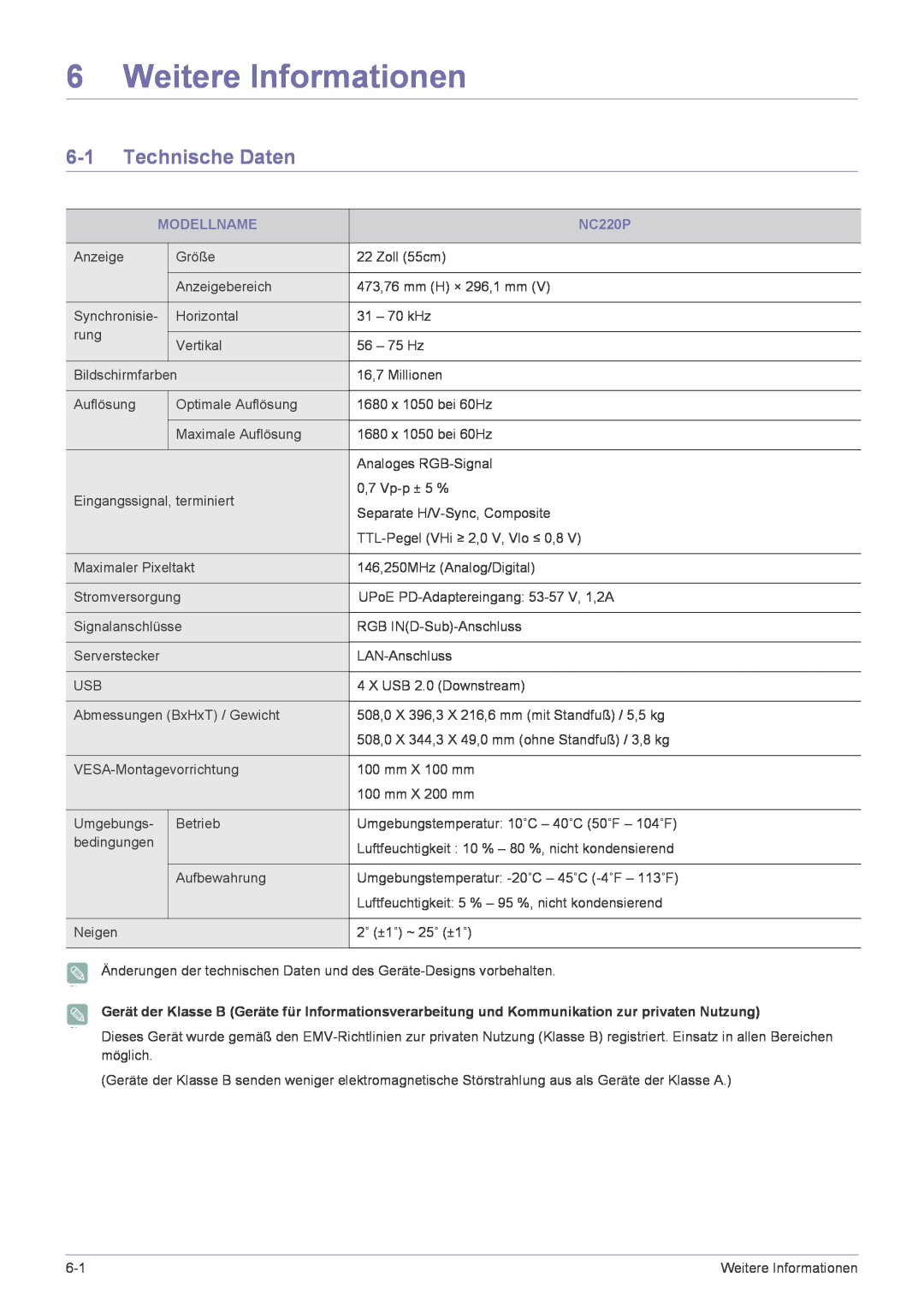 Samsung LF22NPBHBNP/EN manual Weitere Informationen, Technische Daten 