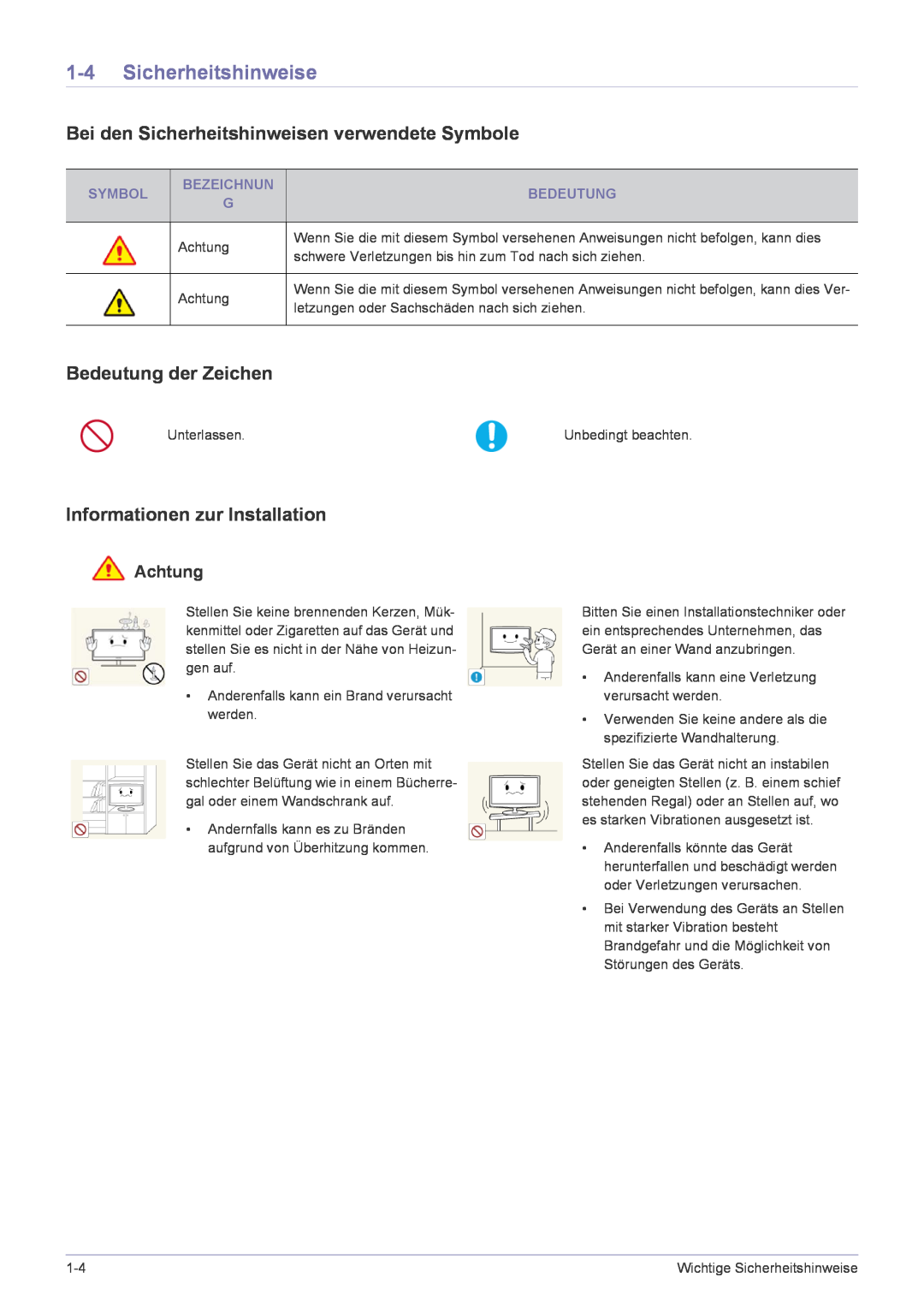 Samsung LF22NPBHBNP/EN manual Bei den Sicherheitshinweisen verwendete Symbole, Bedeutung der Zeichen, Achtung 