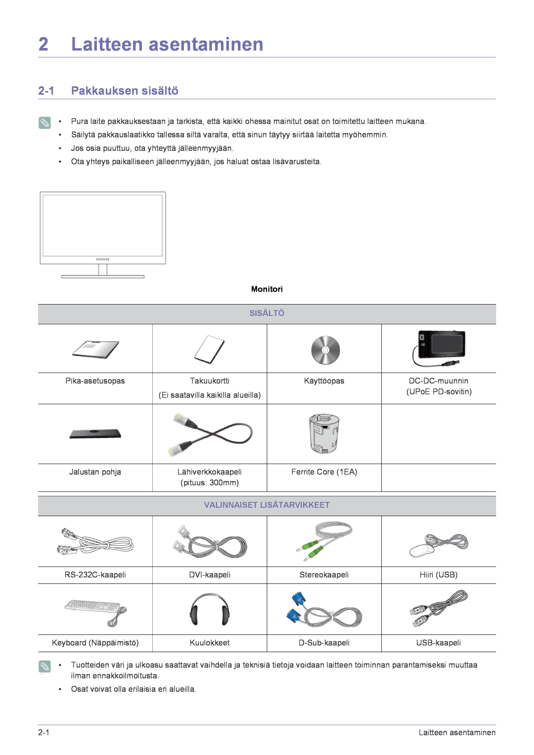 Samsung LF22NPBHBNP/EN manual Laitteen asentaminen, Pakkauksen sisältö, Sisältö, Valinnaiset Lisätarvikkeet, Monitori 