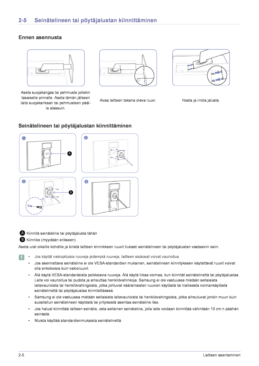 Samsung LF22NPBHBNP/EN manual Seinätelineen tai pöytäjalustan kiinnittäminen, Ennen asennusta 