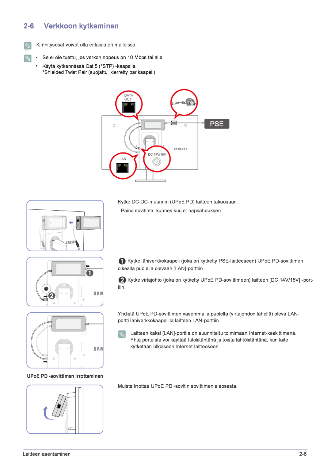 Samsung LF22NPBHBNP/EN manual Verkkoon kytkeminen, UPoE PD -sovittimen irrottaminen 
