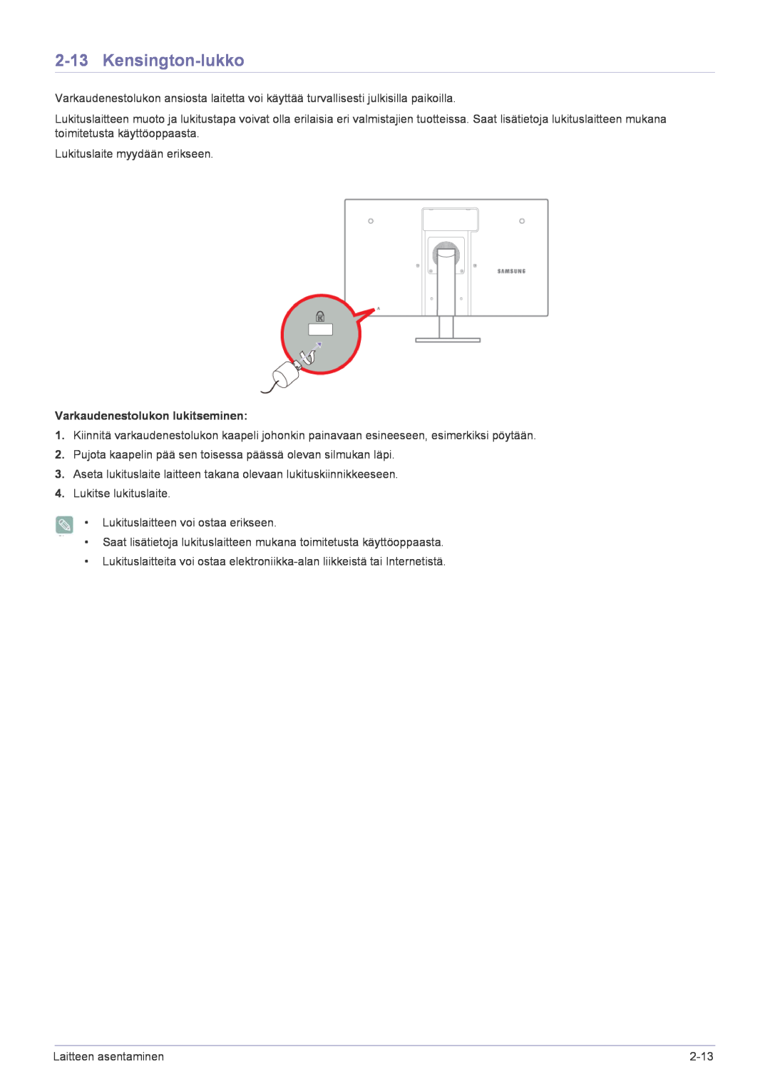 Samsung LF22NPBHBNP/EN manual Kensington-lukko, Varkaudenestolukon lukitseminen 