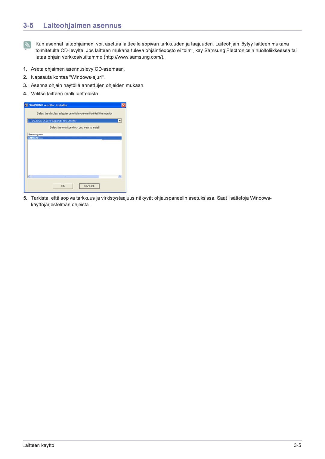 Samsung LF22NPBHBNP/EN manual Laiteohjaimen asennus, Aseta ohjaimen asennuslevy CD-asemaan, Napsauta kohtaa Windows-ajuri 
