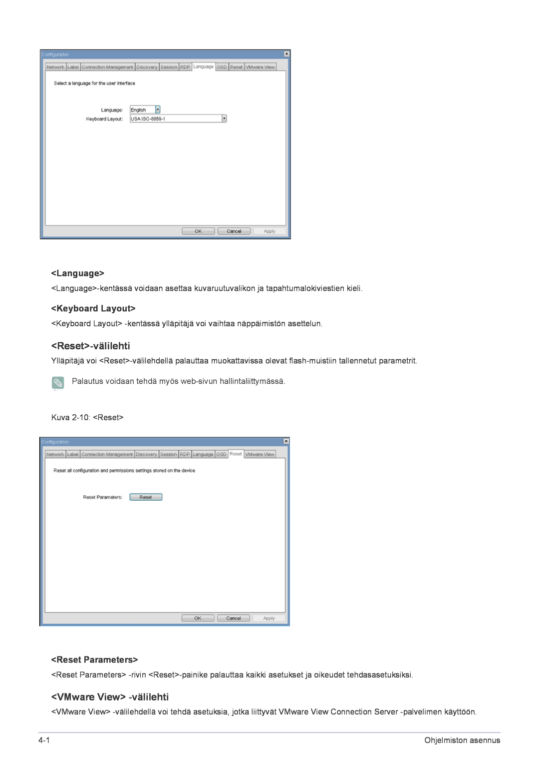 Samsung LF22NPBHBNP/EN manual Reset-välilehti, VMware View -välilehti, Language, Keyboard Layout, Reset Parameters 