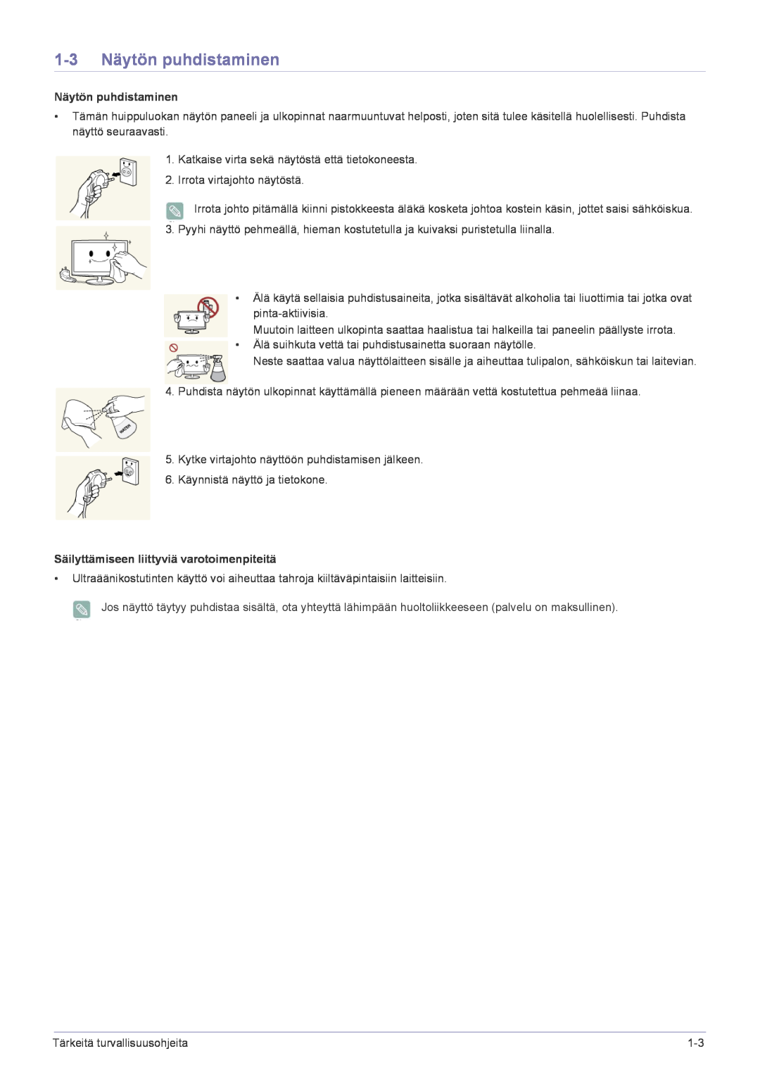 Samsung LF22NPBHBNP/EN manual 1-3 Näytön puhdistaminen, Säilyttämiseen liittyviä varotoimenpiteitä 