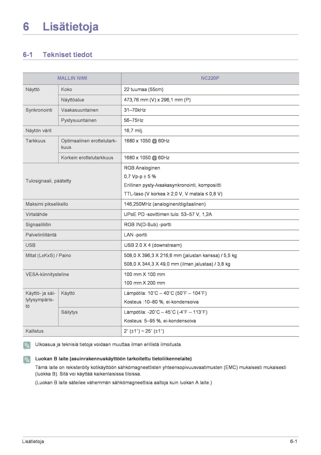 Samsung LF22NPBHBNP/EN manual Lisätietoja, Tekniset tiedot, Mallin Nimi, NC220P 