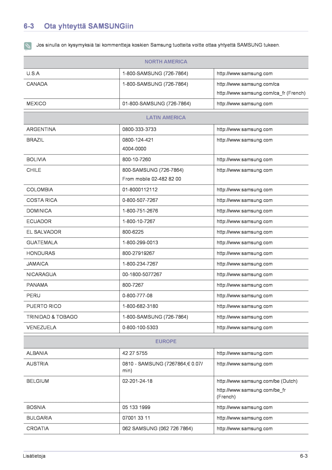 Samsung LF22NPBHBNP/EN manual Ota yhteyttä SAMSUNGiin, North America, Latin America, Europe 