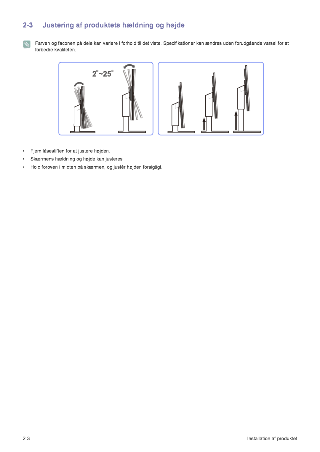 Samsung LF22NPBHBNP/EN manual Justering af produktets hældning og højde, Fjern låsestiften for at justere højden 