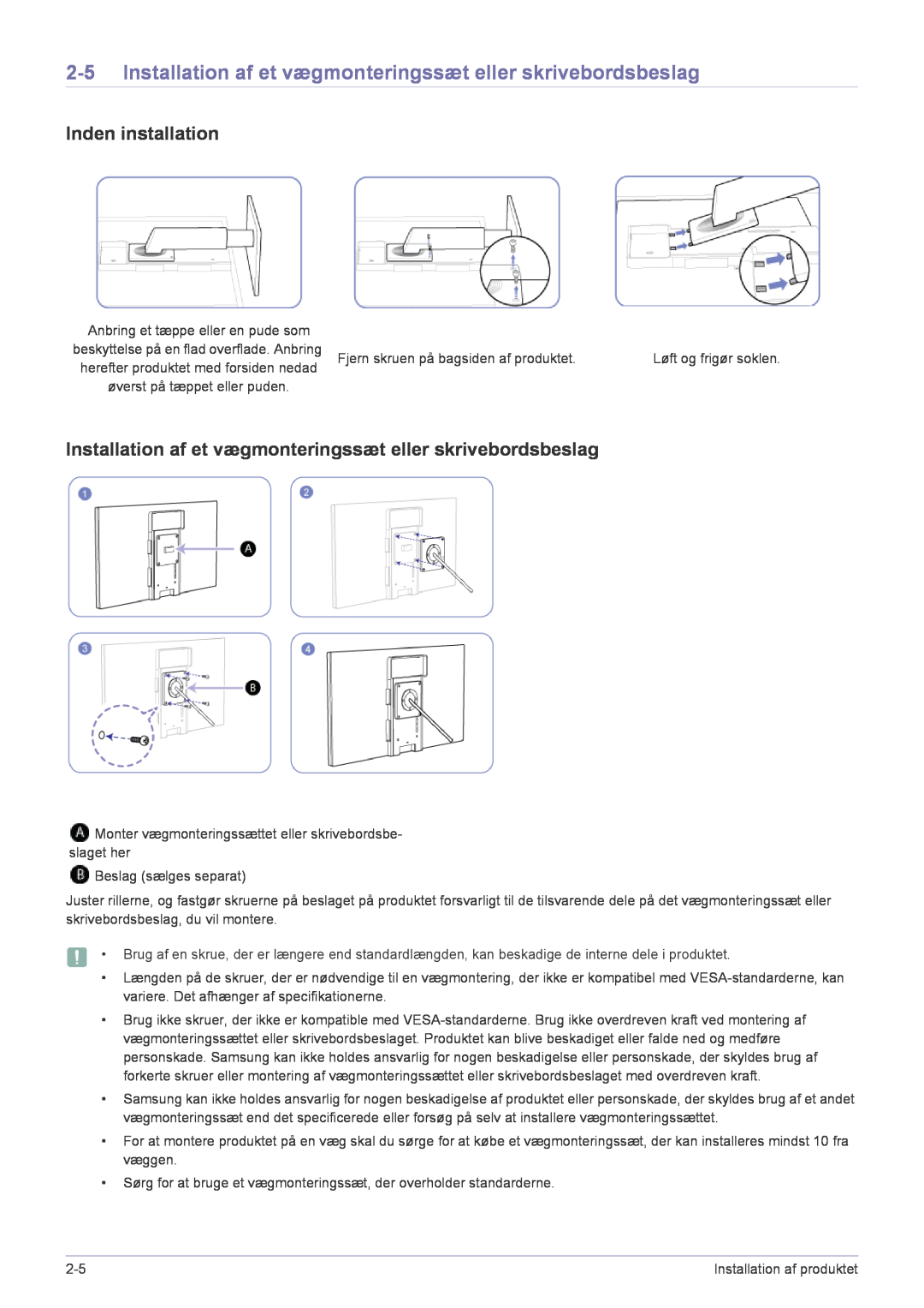 Samsung LF22NPBHBNP/EN manual Installation af et vægmonteringssæt eller skrivebordsbeslag, Inden installation 