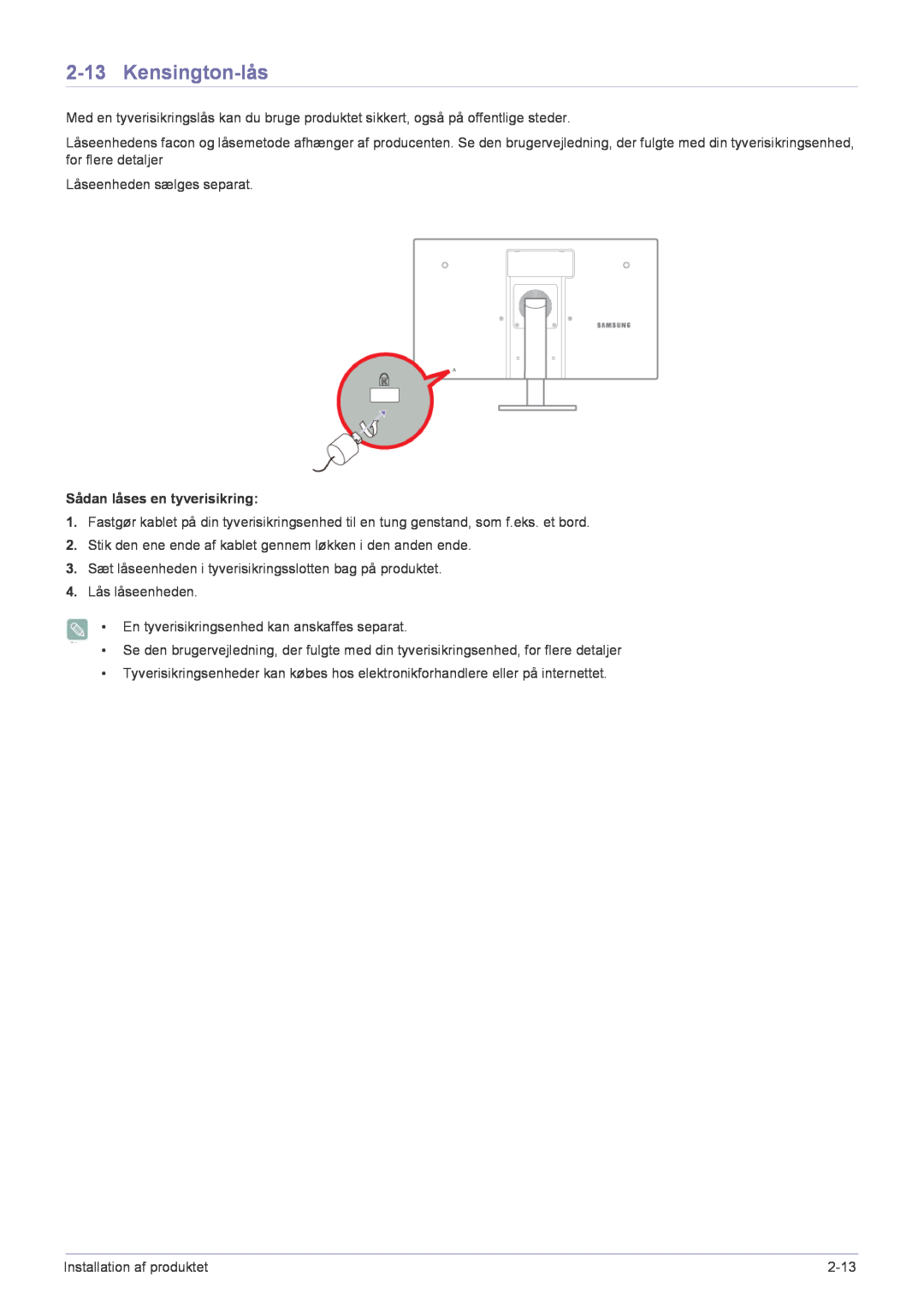 Samsung LF22NPBHBNP/EN manual Kensington-lås, Sådan låses en tyverisikring 