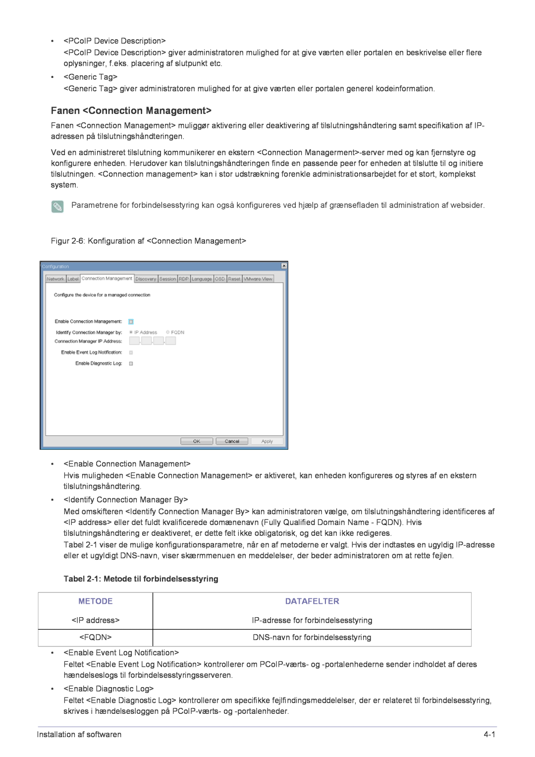 Samsung LF22NPBHBNP/EN manual Fanen Connection Management, Tabel 2-1 Metode til forbindelsesstyring, Datafelter 