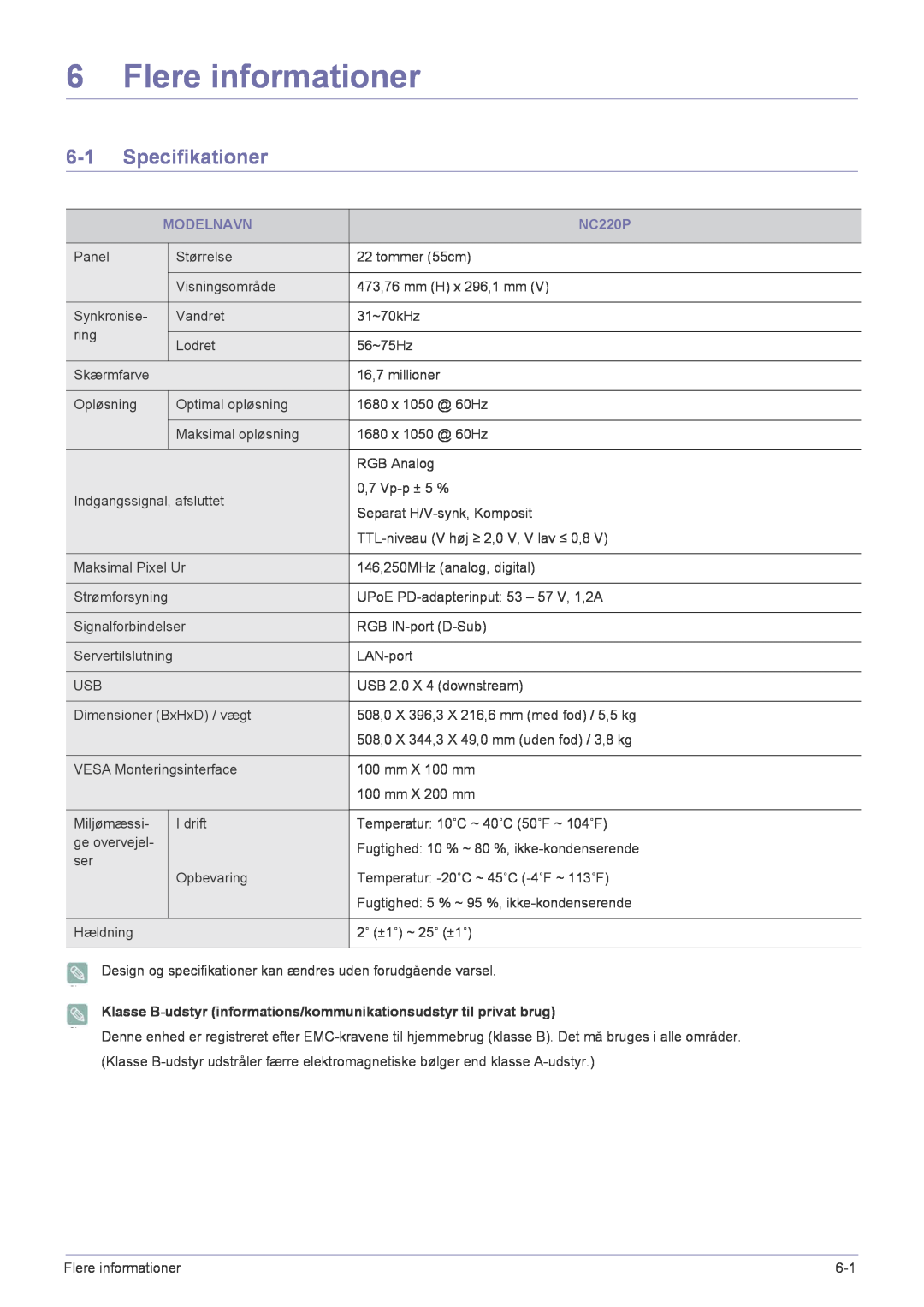 Samsung LF22NPBHBNP/EN manual Flere informationer, Specifikationer, Modelnavn, NC220P 
