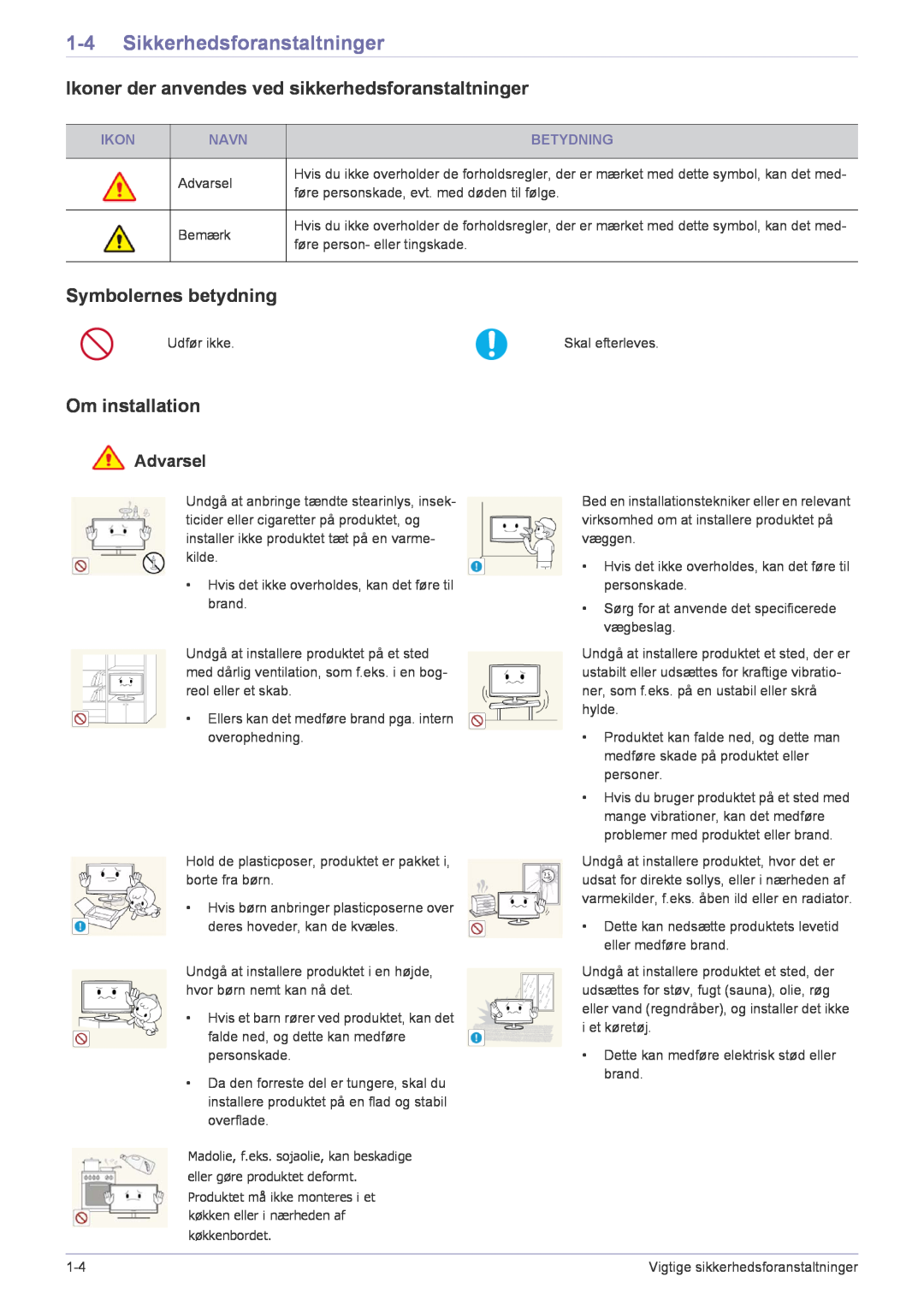Samsung LF22NPBHBNP/EN Sikkerhedsforanstaltninger, Ikoner der anvendes ved sikkerhedsforanstaltninger, Om installation 