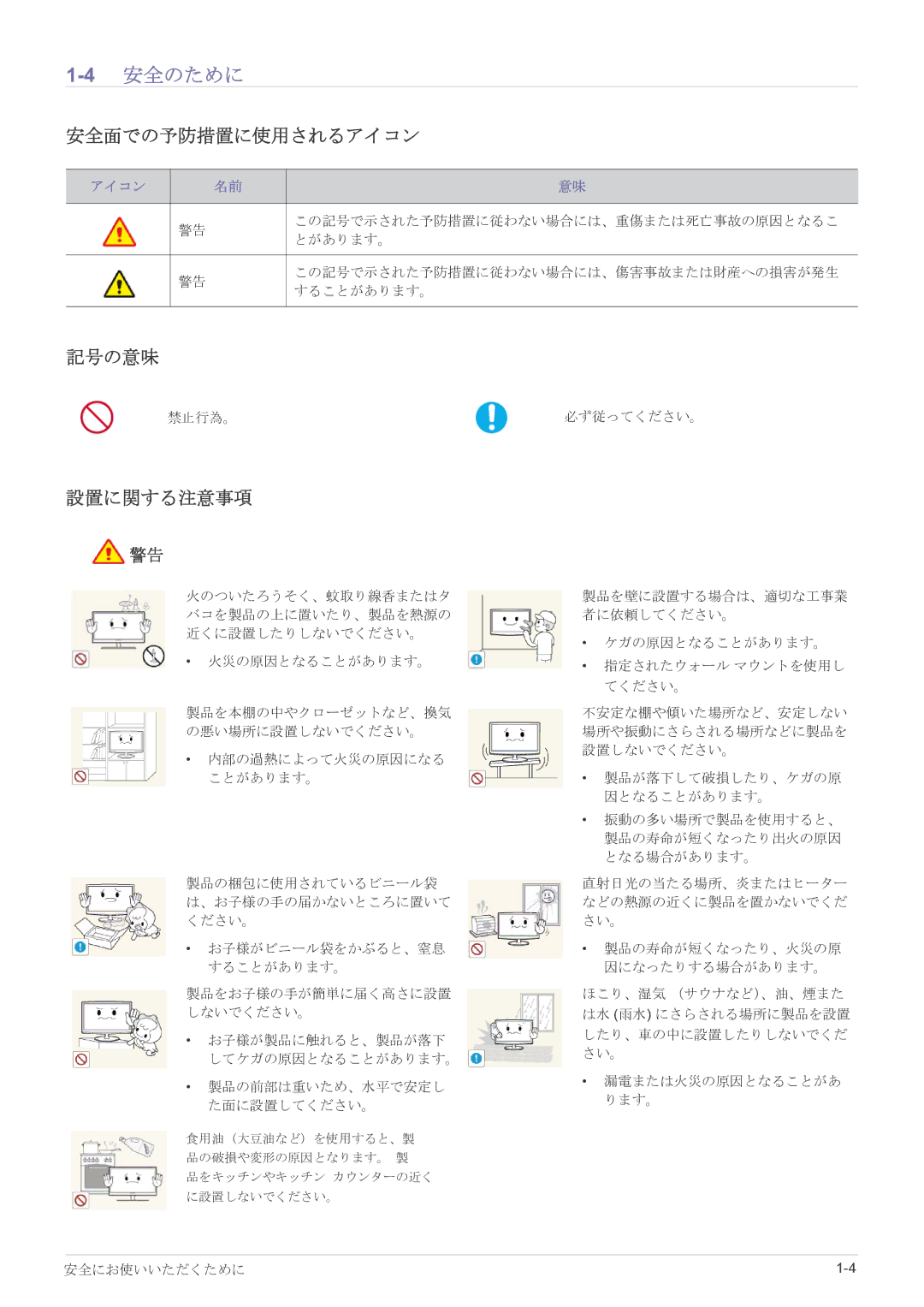 Samsung LF22NPBHBNP/XJ manual 4安全のために, 安全面での予防措置に使用されるアイコン, 記号の意味, 設置に関する注意事項 