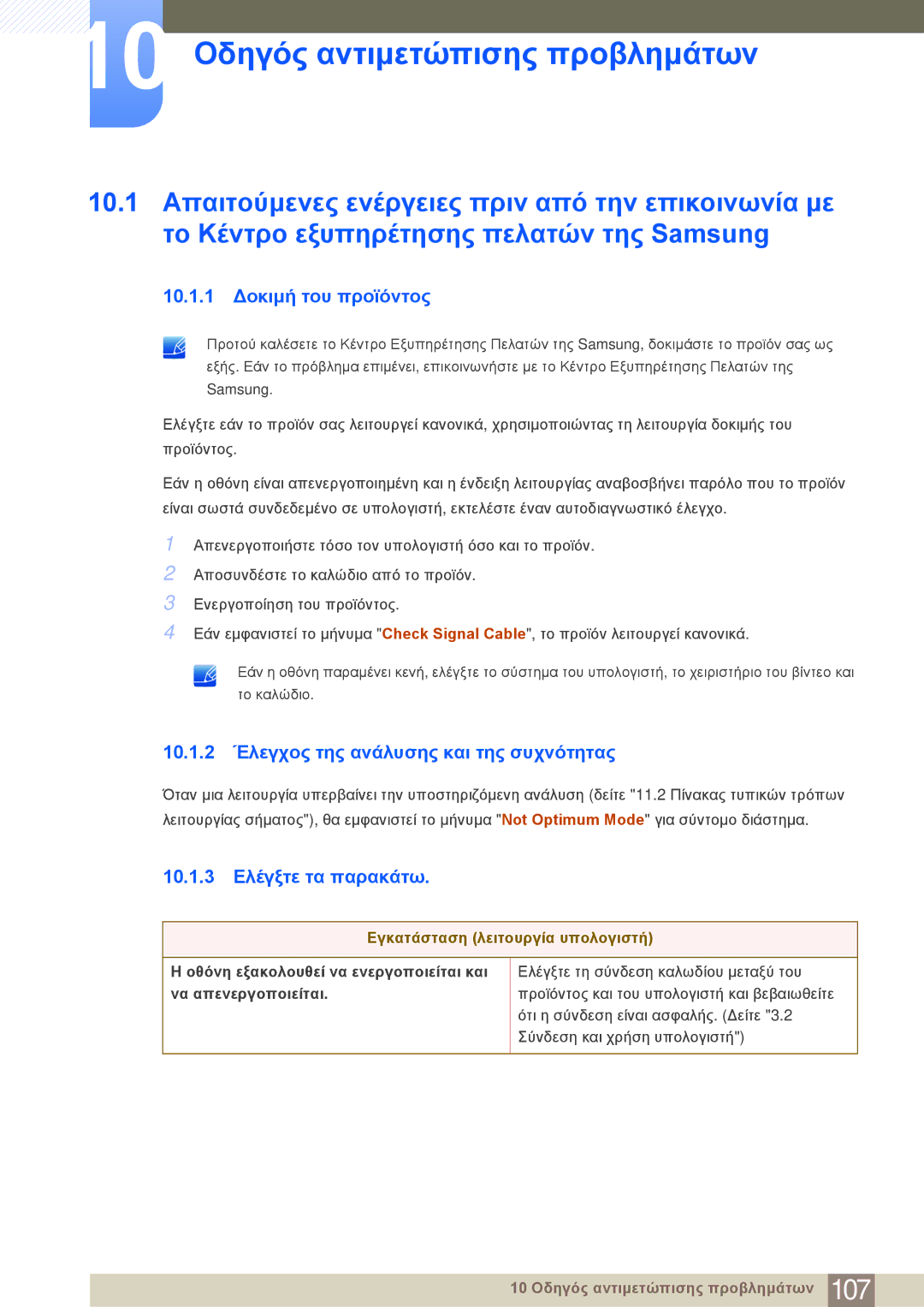 Samsung LF22NSBTBN/EN manual 10 Οδηγός αντιμετώπισης προβλημάτων, 10.1.1 Δοκιμή του προϊόντος, 10.1.3 Ελέγξτε τα παρακάτω 