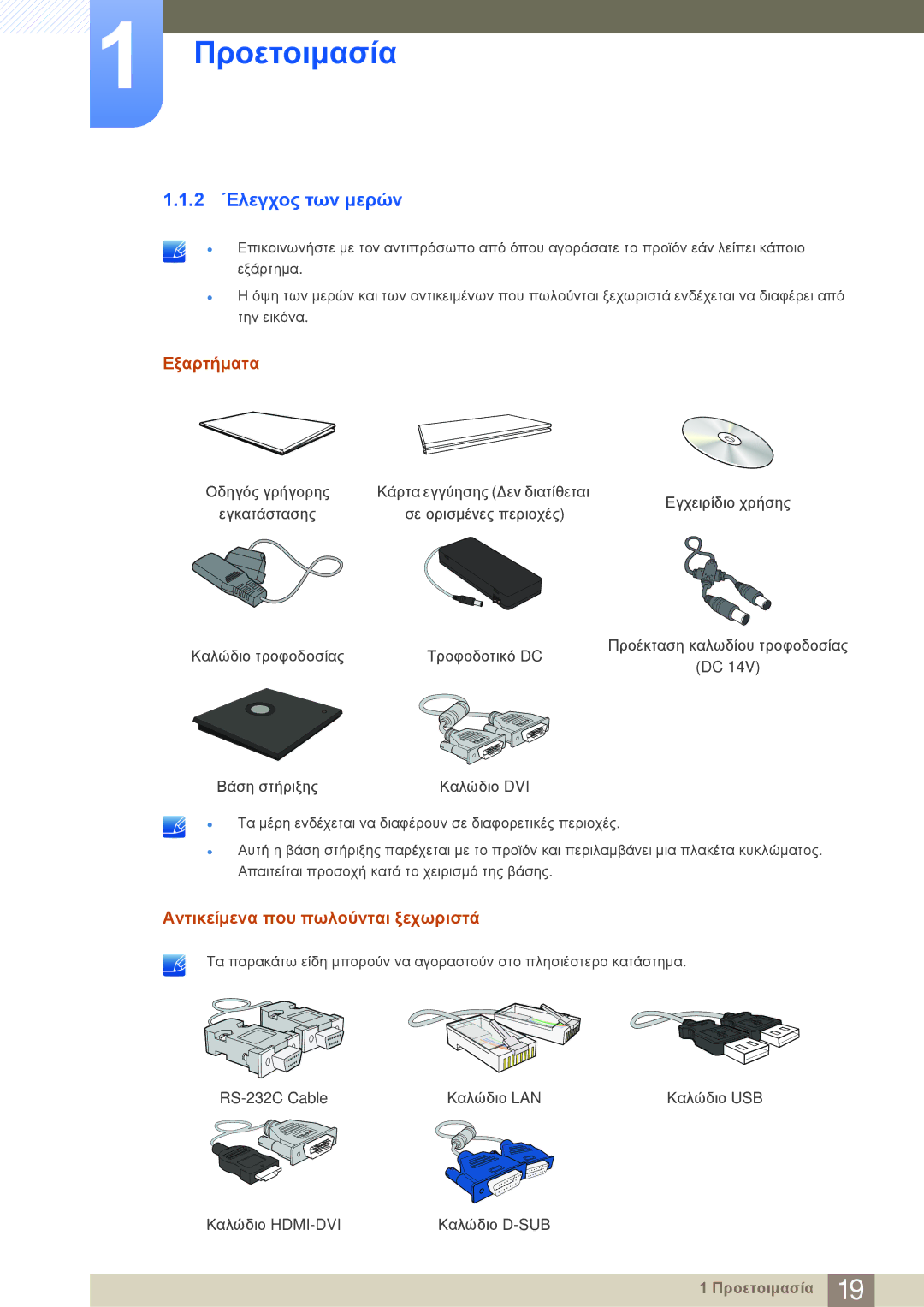 Samsung LF22NSBTBN/EN manual 2 Έλεγχος των μερών, Εξαρτήματα, Αντικείμενα που πωλούνται ξεχωριστά 