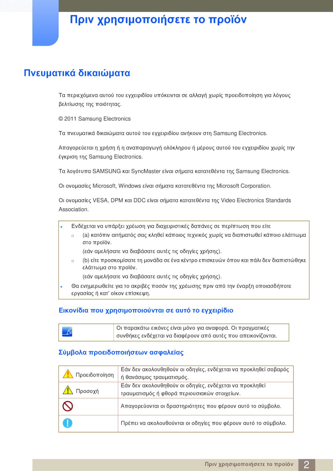 Samsung LF22NSBTBN/EN manual Πριν χρησιμοποιήσετε το προϊόν, Πνευματικά δικαιώματα, Σύμβολα προειδοποιήσεων ασφαλείας 