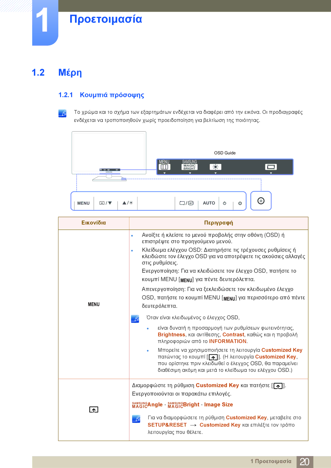 Samsung LF22NSBTBN/EN manual Μέρη, 1 Κουμπιά πρόσοψης, MAGICSAMSUNGAngle MAGICSAMSUNGBright Image Size 