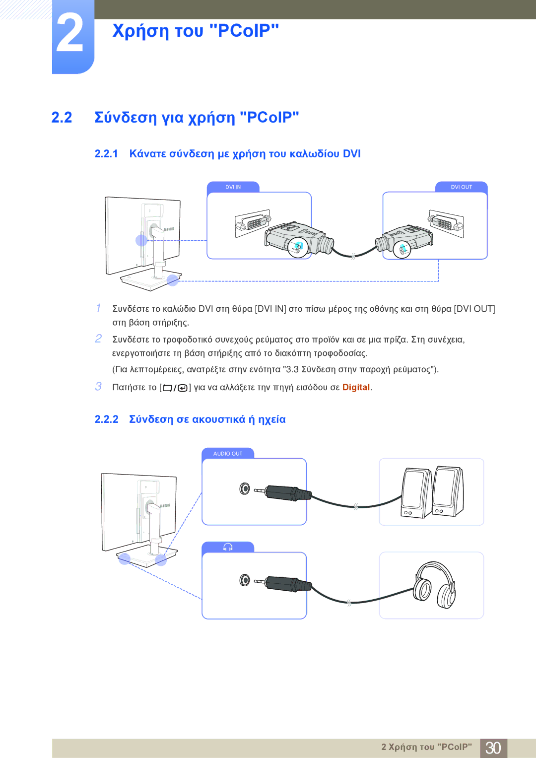 Samsung LF22NSBTBN/EN Σύνδεση για χρήση PCoIP, 1 Κάνατε σύνδεση με χρήση του καλωδίου DVI, 2 Σύνδεση σε ακουστικά ή ηχεία 