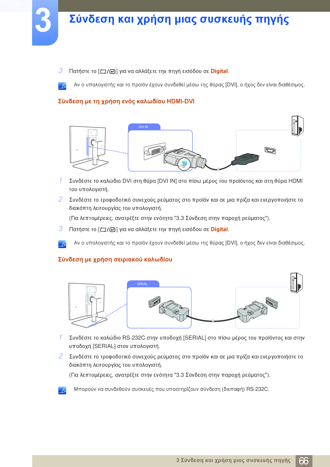 Samsung LF22NSBTBN/EN manual Σύνδεση με τη χρήση ενός καλωδίου HDMI-DVI, Σύνδεση με χρήση σειριακού καλωδίου 