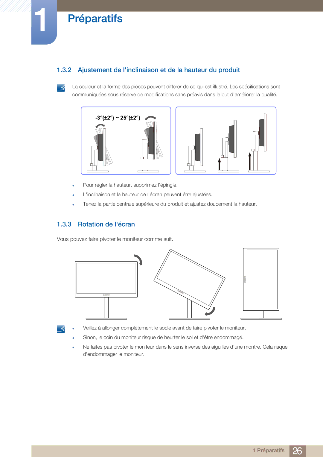 Samsung LF22NTBHBNM/EN, LF22FN1PFBZXEN manual Ajustement de linclinaison et de la hauteur du produit, Rotation de lécran 