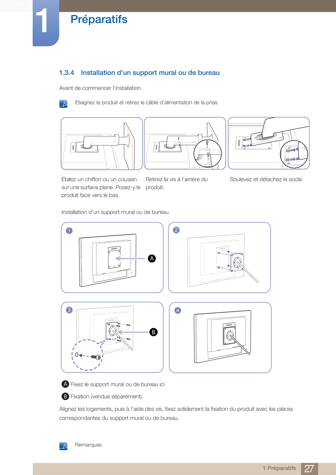 Samsung LF22FN1PFBZXEN, LF22NTBHBNM/EN manual Installation dun support mural ou de bureau 