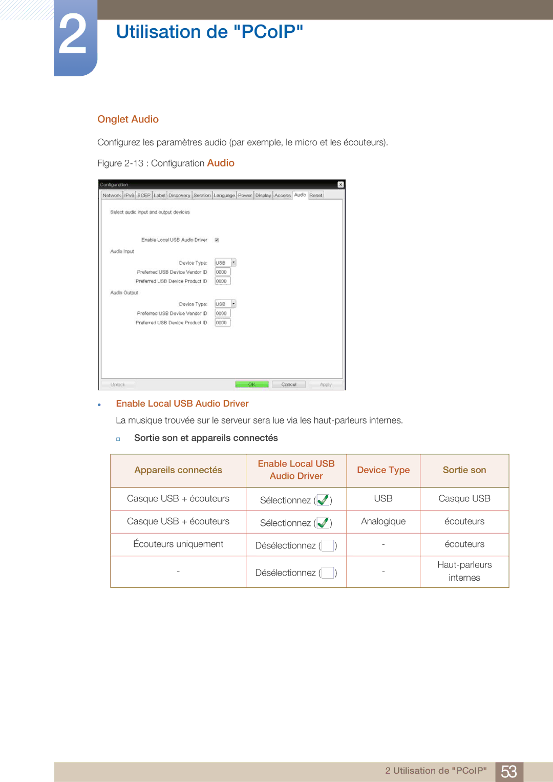 Samsung LF22FN1PFBZXEN, LF22NTBHBNM/EN manual Onglet Audio,  Enable Local USB Audio Driver, Enable Local USB Device Type 
