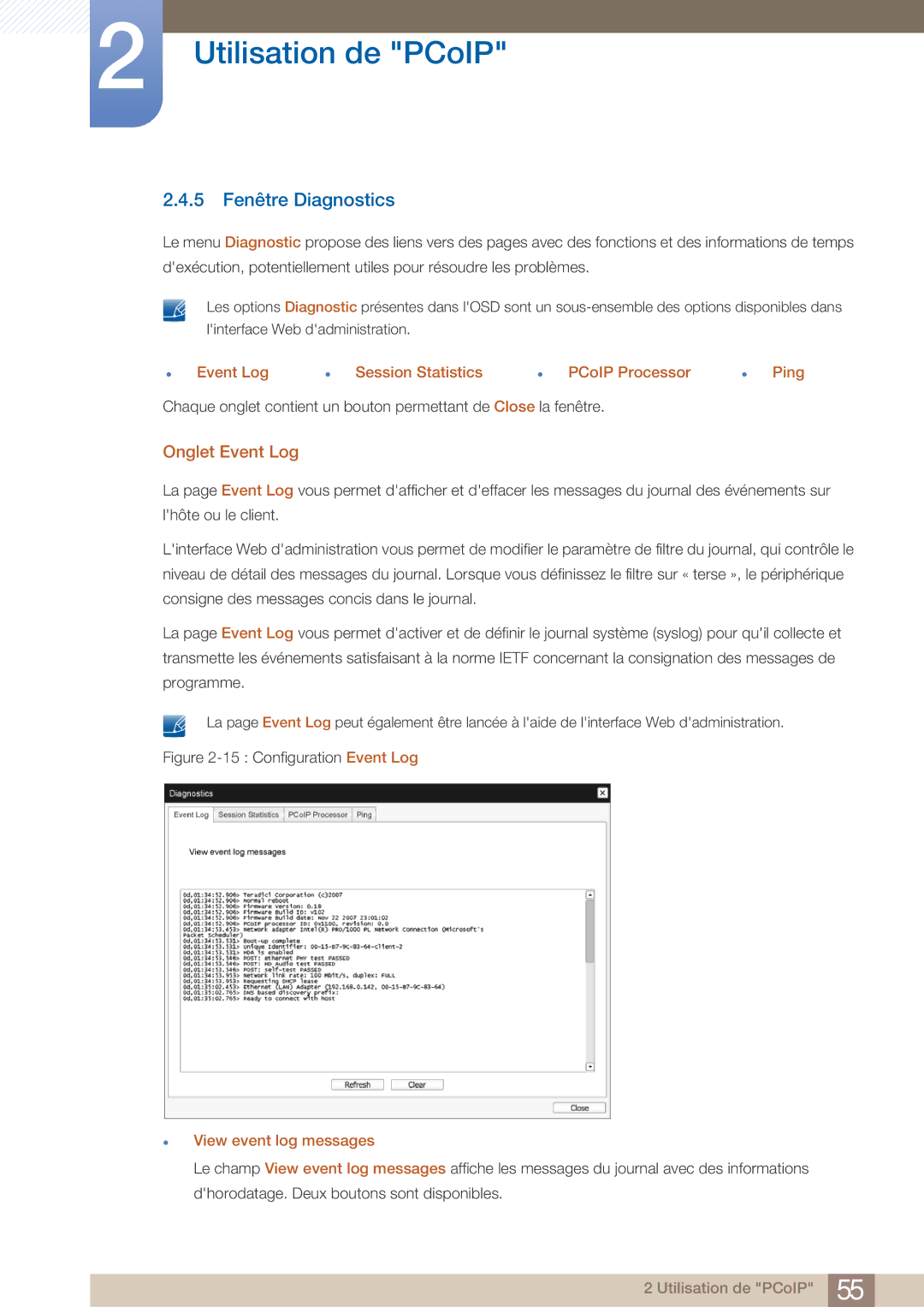 Samsung LF22FN1PFBZXEN 5 Fenêtre Diagnostics, Onglet Event Log,  Event Log  Session Statistics  PCoIP Processor  Ping 