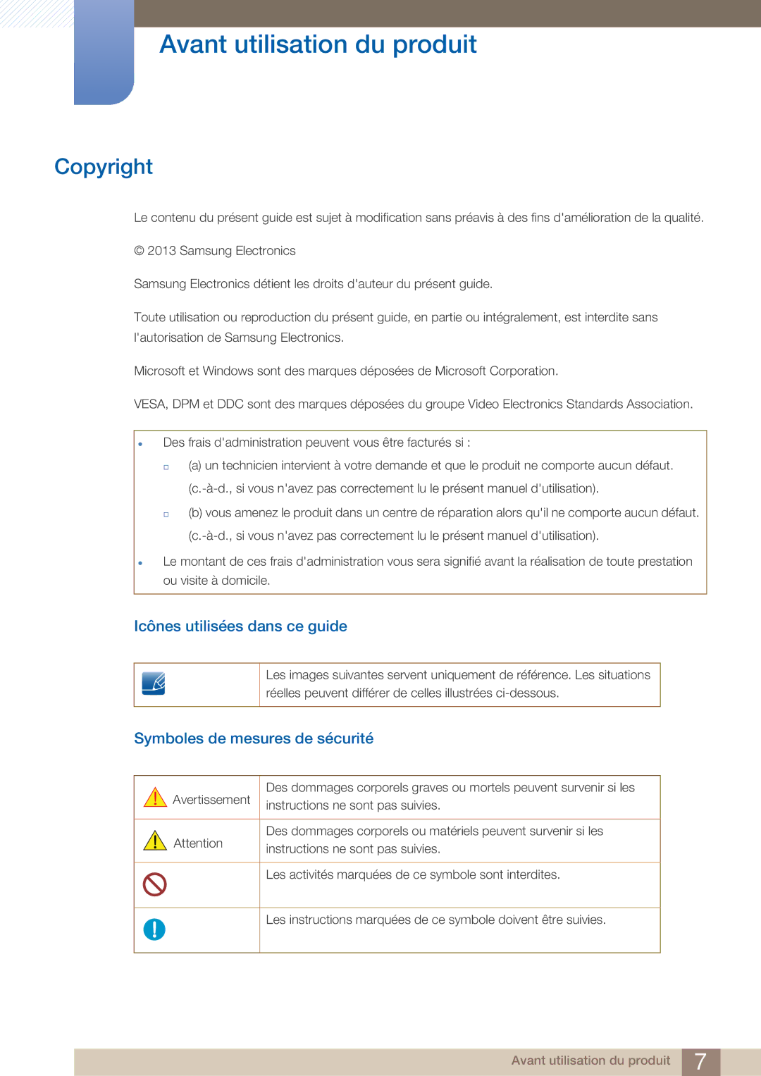 Samsung LF22FN1PFBZXEN, LF22NTBHBNM/EN manual Avant utilisation du produit, Copyright, Icônes utilisées dans ce guide 