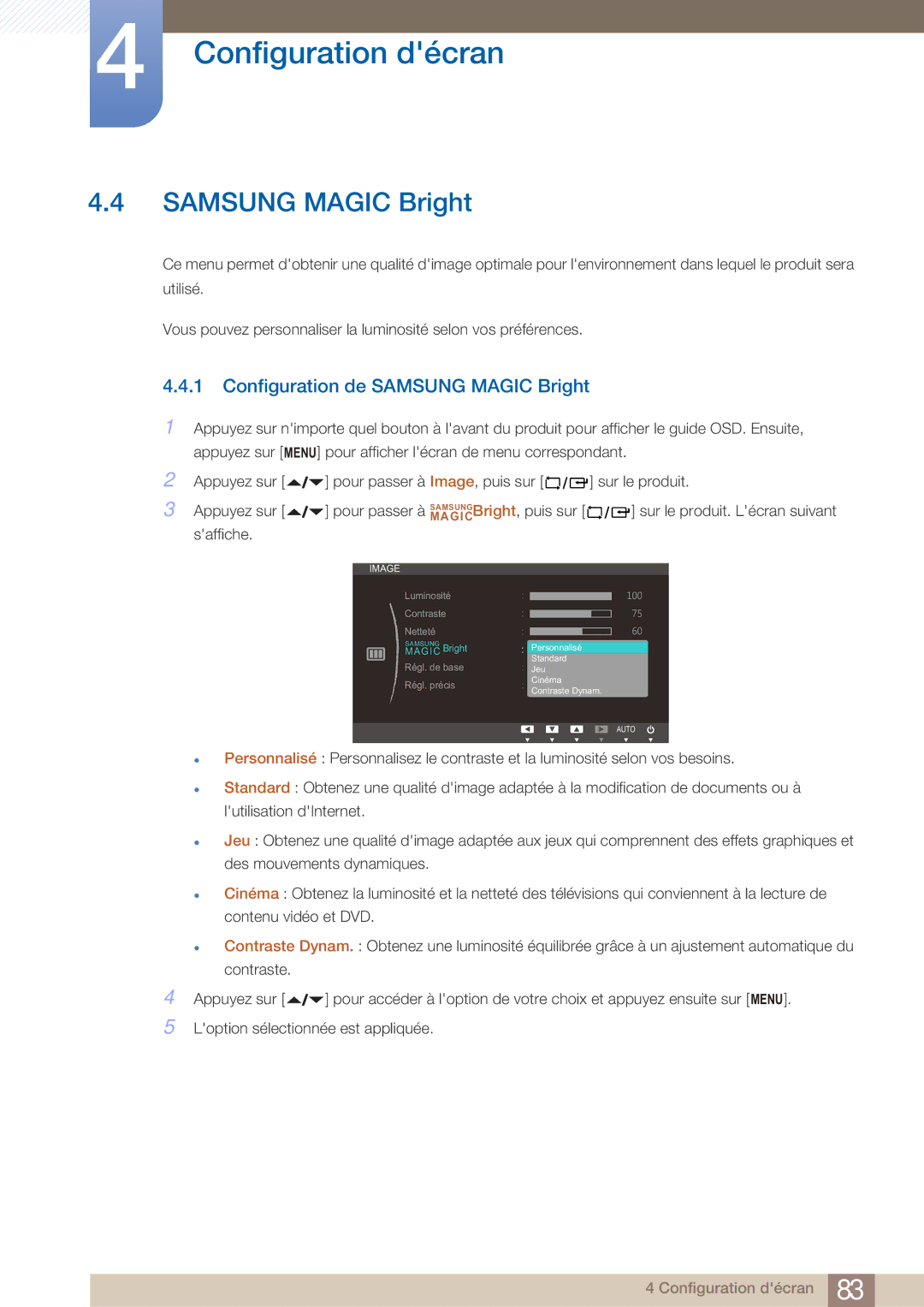 Samsung LF22FN1PFBZXEN, LF22NTBHBNM/EN manual Configuration de Samsung Magic Bright 