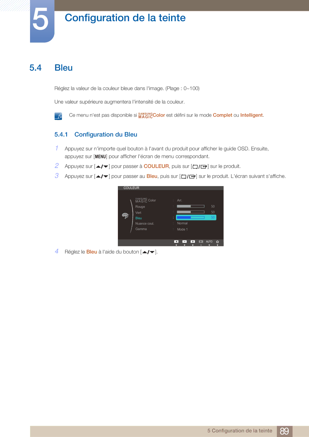 Samsung LF22FN1PFBZXEN, LF22NTBHBNM/EN manual Configuration du Bleu 