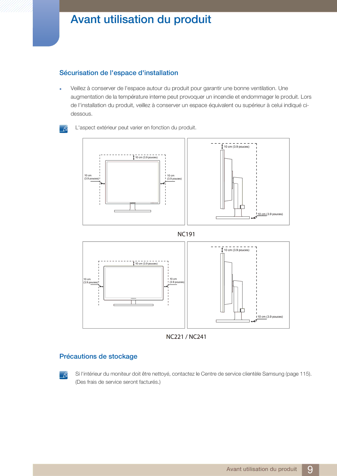 Samsung LF22FN1PFBZXEN, LF22NTBHBNM/EN manual Sécurisation de lespace dinstallation, Précautions de stockage 