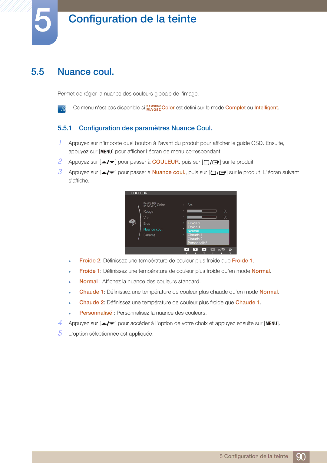 Samsung LF22NTBHBNM/EN, LF22FN1PFBZXEN manual Nuance coul, Configuration des paramètres Nuance Coul 