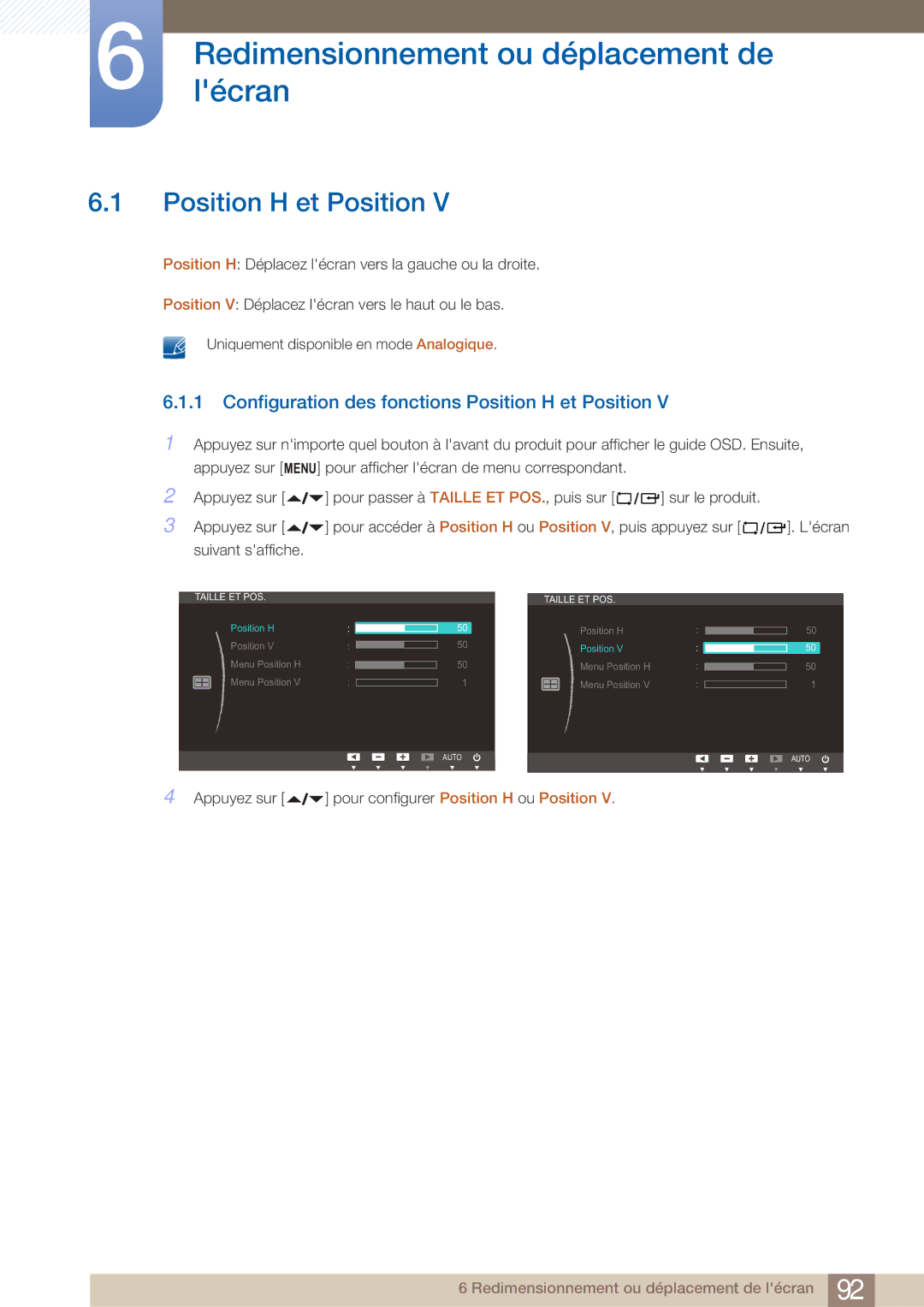 Samsung LF22NTBHBNM/EN, LF22FN1PFBZXEN manual Redimensionnementlécranou déplacement de, Position H et Position 