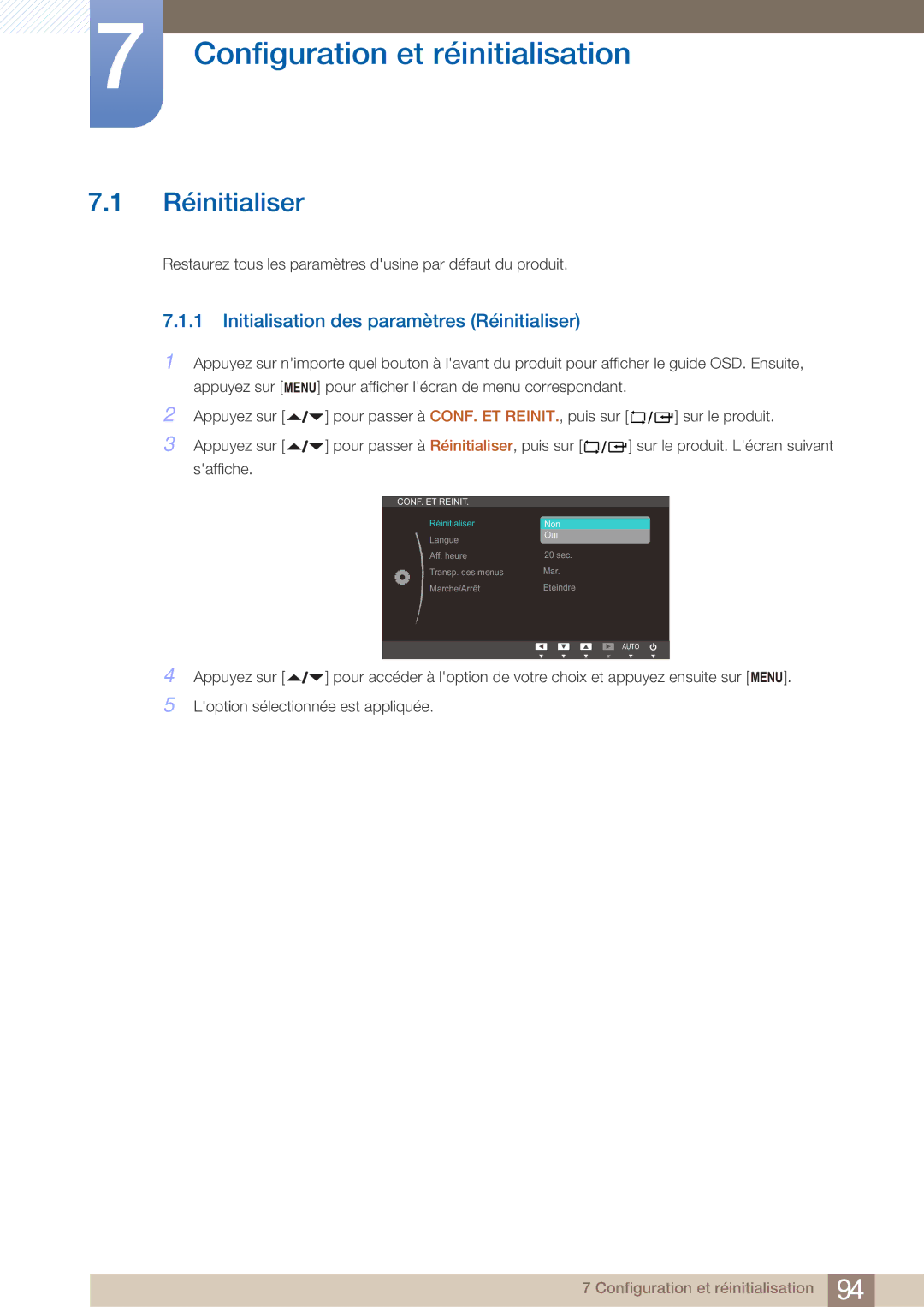 Samsung LF22NTBHBNM/EN, LF22FN1PFBZXEN Configuration et réinitialisation, Initialisation des paramètres Réinitialiser 