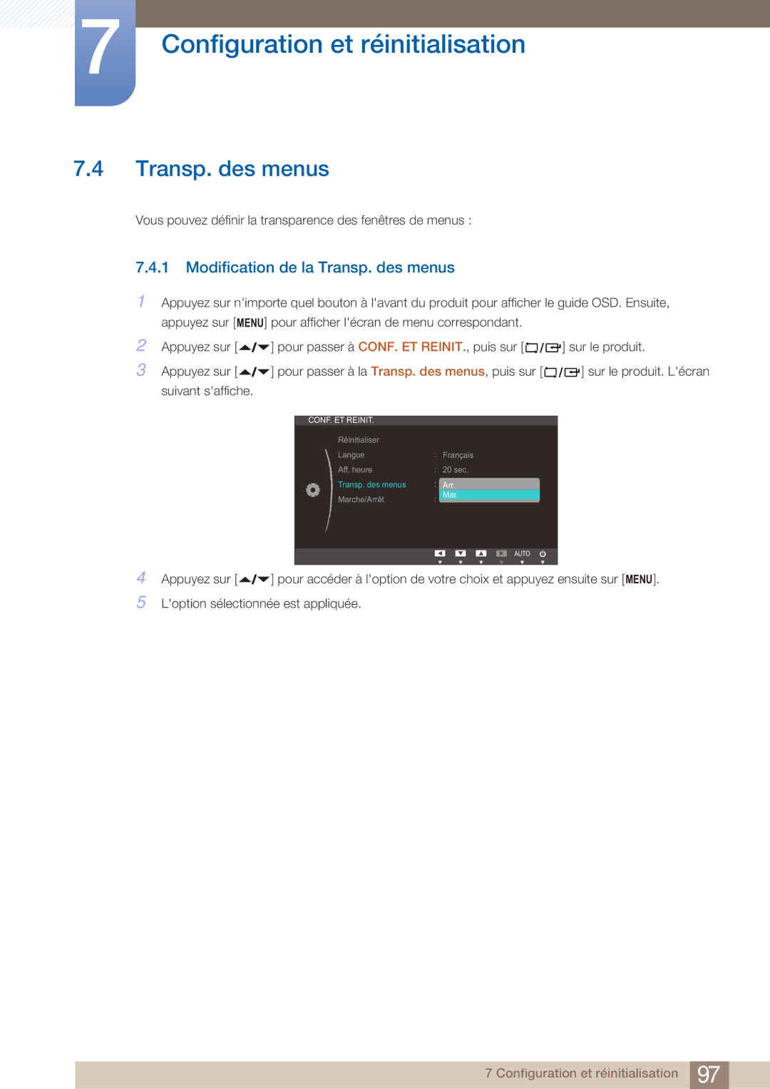 Samsung LF22FN1PFBZXEN, LF22NTBHBNM/EN manual Modification de la Transp. des menus 