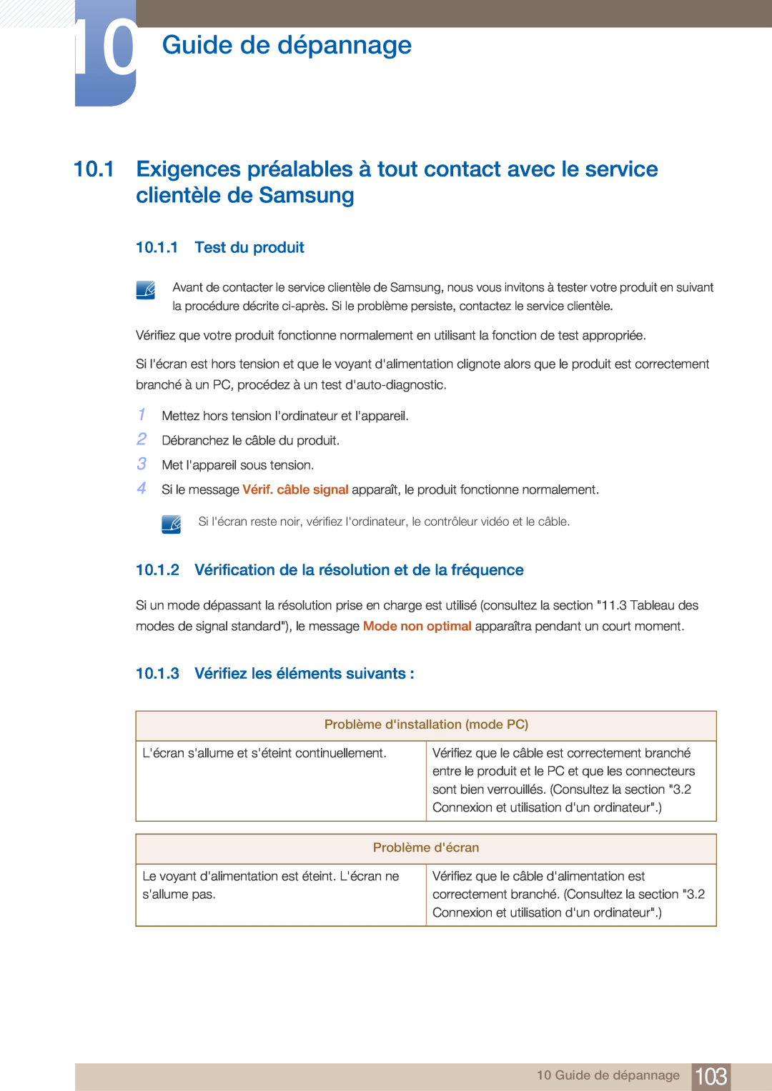Samsung LF22FN1PFBZXEN manual Guide de dépannage, Test du produit, 10.1.2 Vérification de la résolution et de la fréquence 