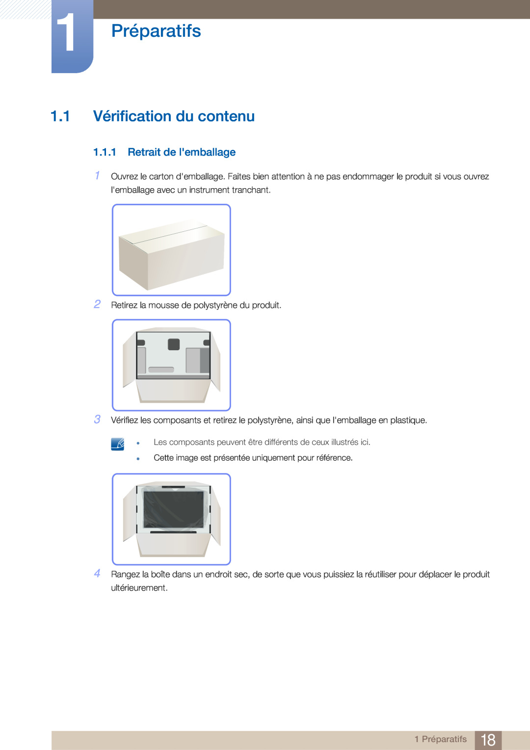 Samsung LF22NTBHBNM/EN, LF22FN1PFBZXEN manual 1 Préparatifs, 1.1 Vérification du contenu, Retrait de lemballage 