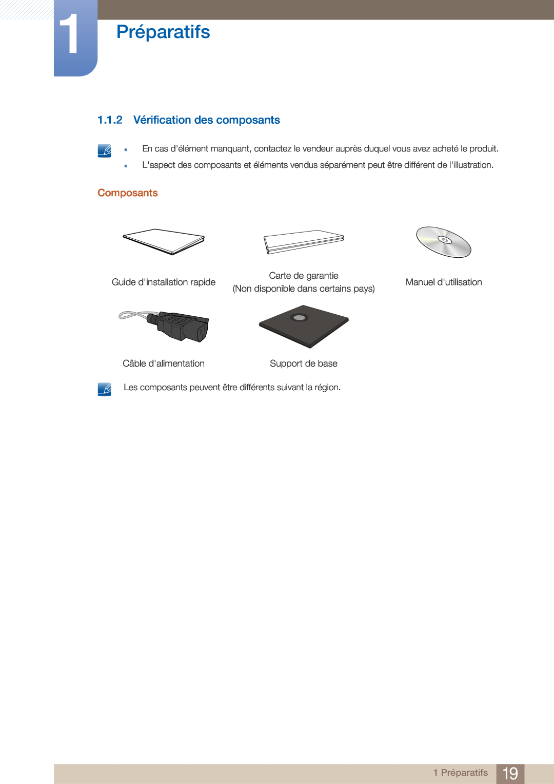 Samsung LF22FN1PFBZXEN, LF22NTBHBNM/EN manual 1.1.2 Vérification des composants, 1 Préparatifs, Composants 