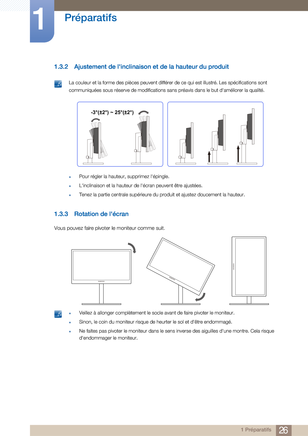 Samsung LF22NTBHBNM/EN manual Ajustement de linclinaison et de la hauteur du produit, Rotation de lécran, 1 Préparatifs 