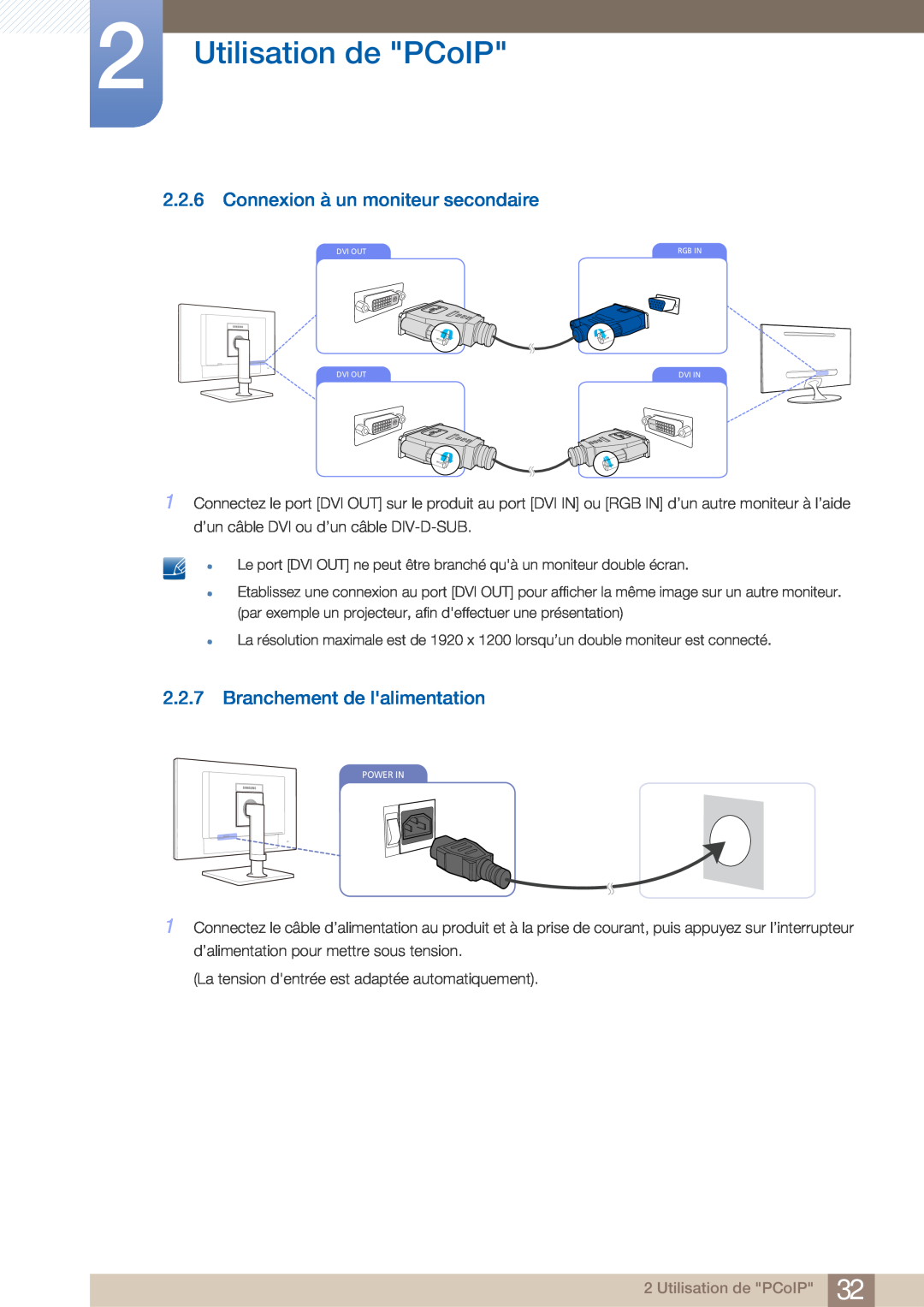 Samsung LF22NTBHBNM/EN manual Connexion à un moniteur secondaire, Branchement de lalimentation, Utilisation de PCoIP 