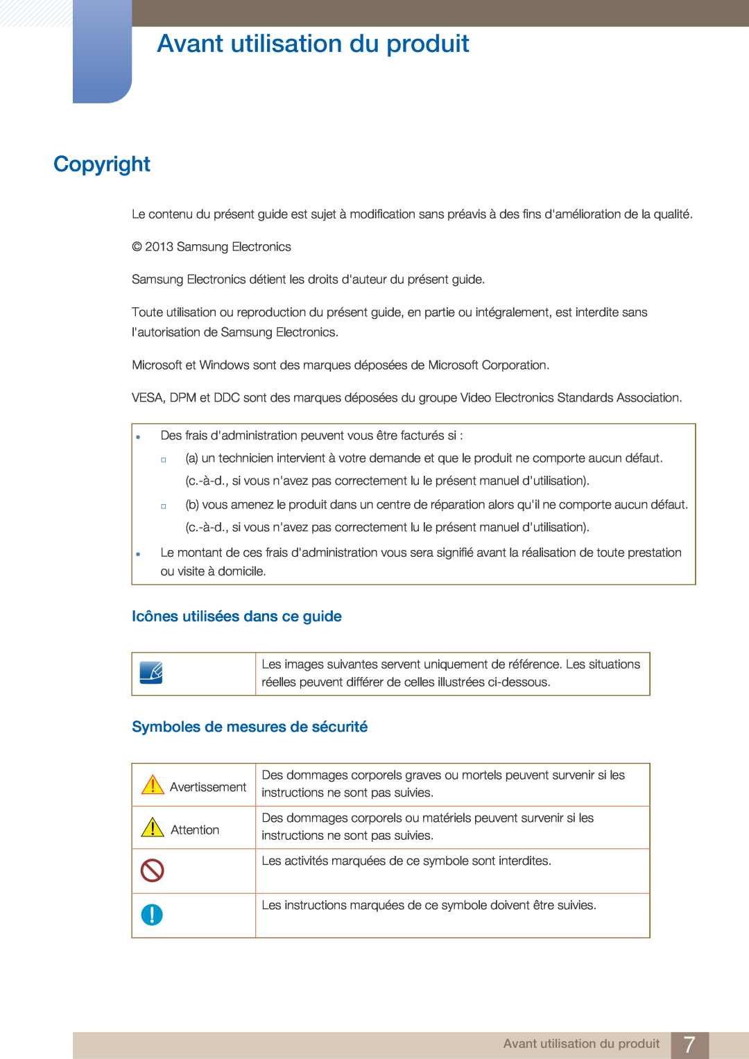 Samsung LF22FN1PFBZXEN, LF22NTBHBNM/EN manual Avant utilisation du produit, Copyright, Icônes utilisées dans ce guide 
