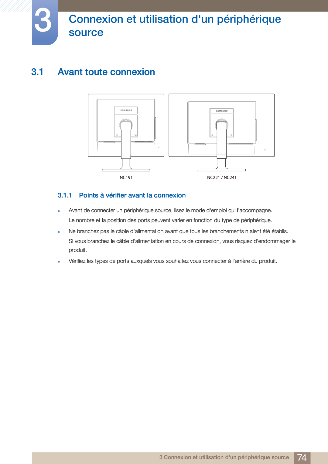 Samsung LF22NTBHBNM/EN, LF22FN1PFBZXEN manual Connexionsource et utilisation dun périphérique, Avant toute connexion 