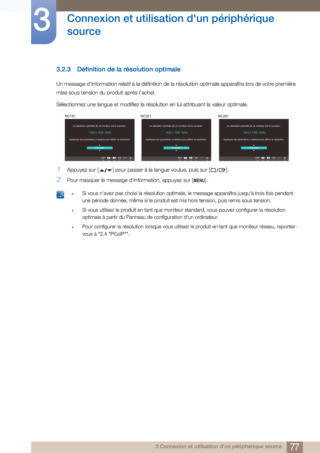 Samsung LF22FN1PFBZXEN manual 3.2.3 Définition de la résolution optimale, Connexionsource et utilisation dun périphérique 