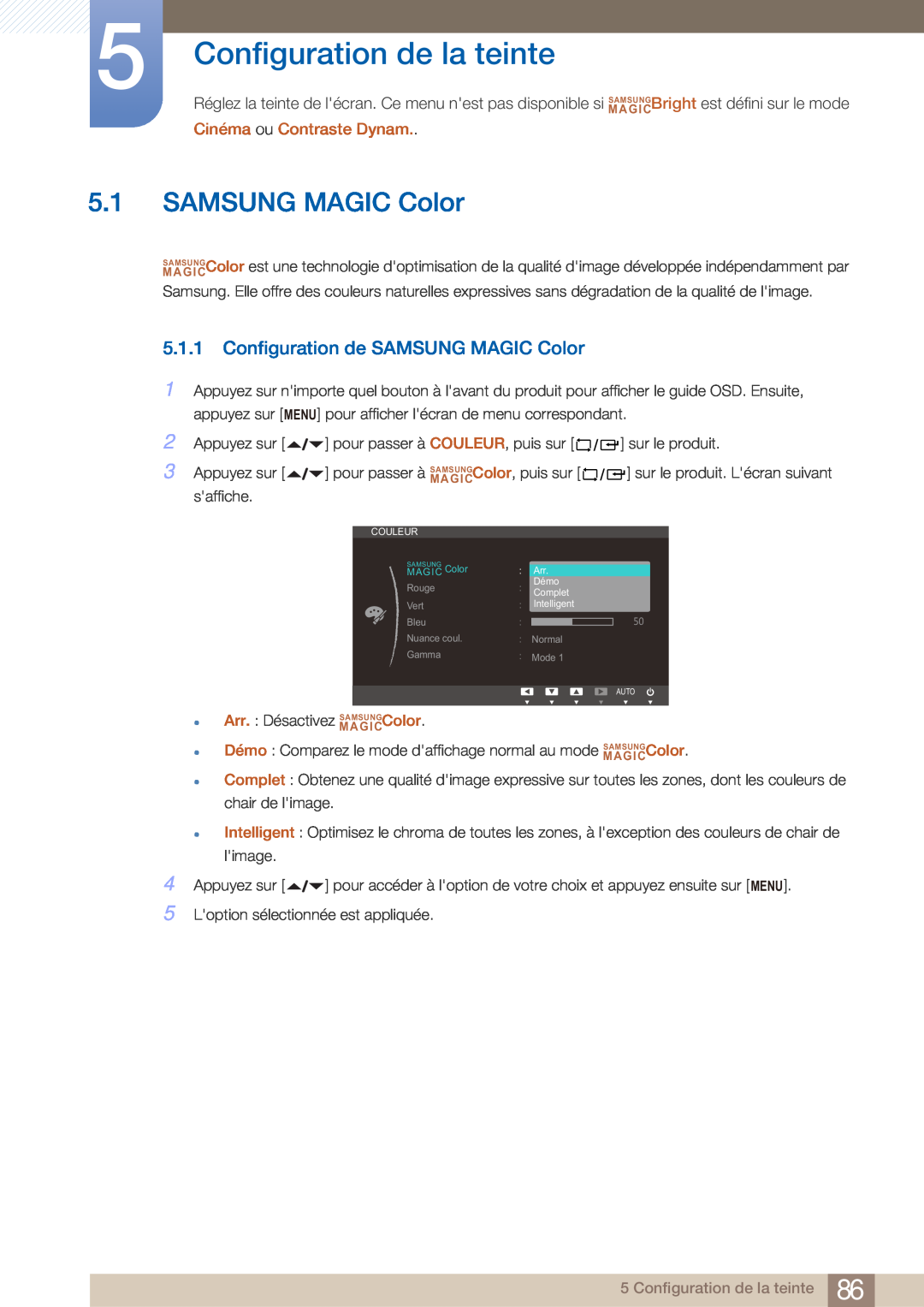 Samsung LF22NTBHBNM/EN Configuration de la teinte, Configuration de SAMSUNG MAGIC Color, Cinéma ou Contraste Dynam 