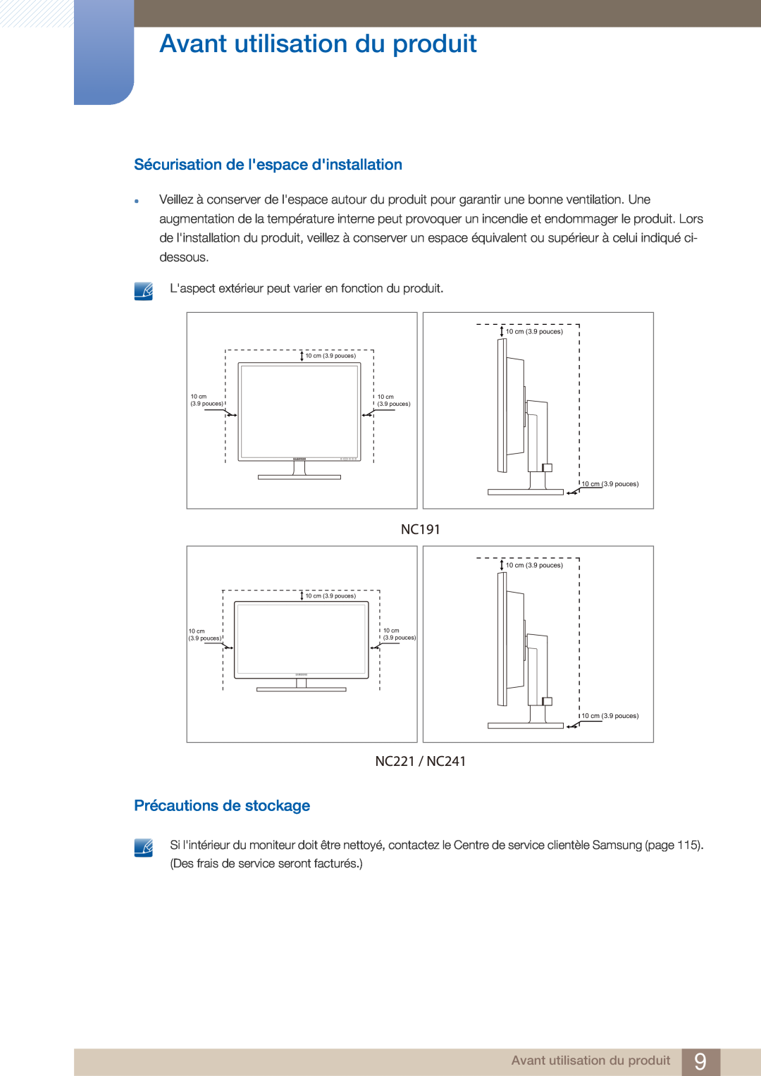 Samsung LF22FN1PFBZXEN manual Sécurisation de lespace dinstallation, Précautions de stockage, Avant utilisation du produit 