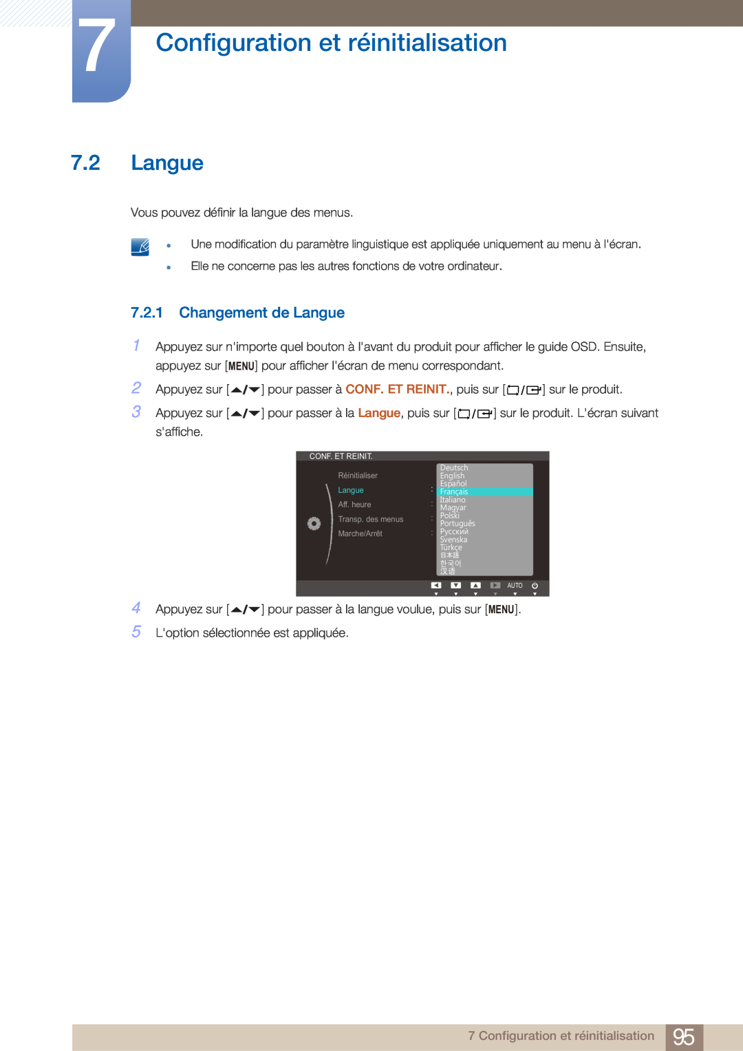 Samsung LF22FN1PFBZXEN, LF22NTBHBNM/EN manual Changement de Langue, Configuration et réinitialisation 