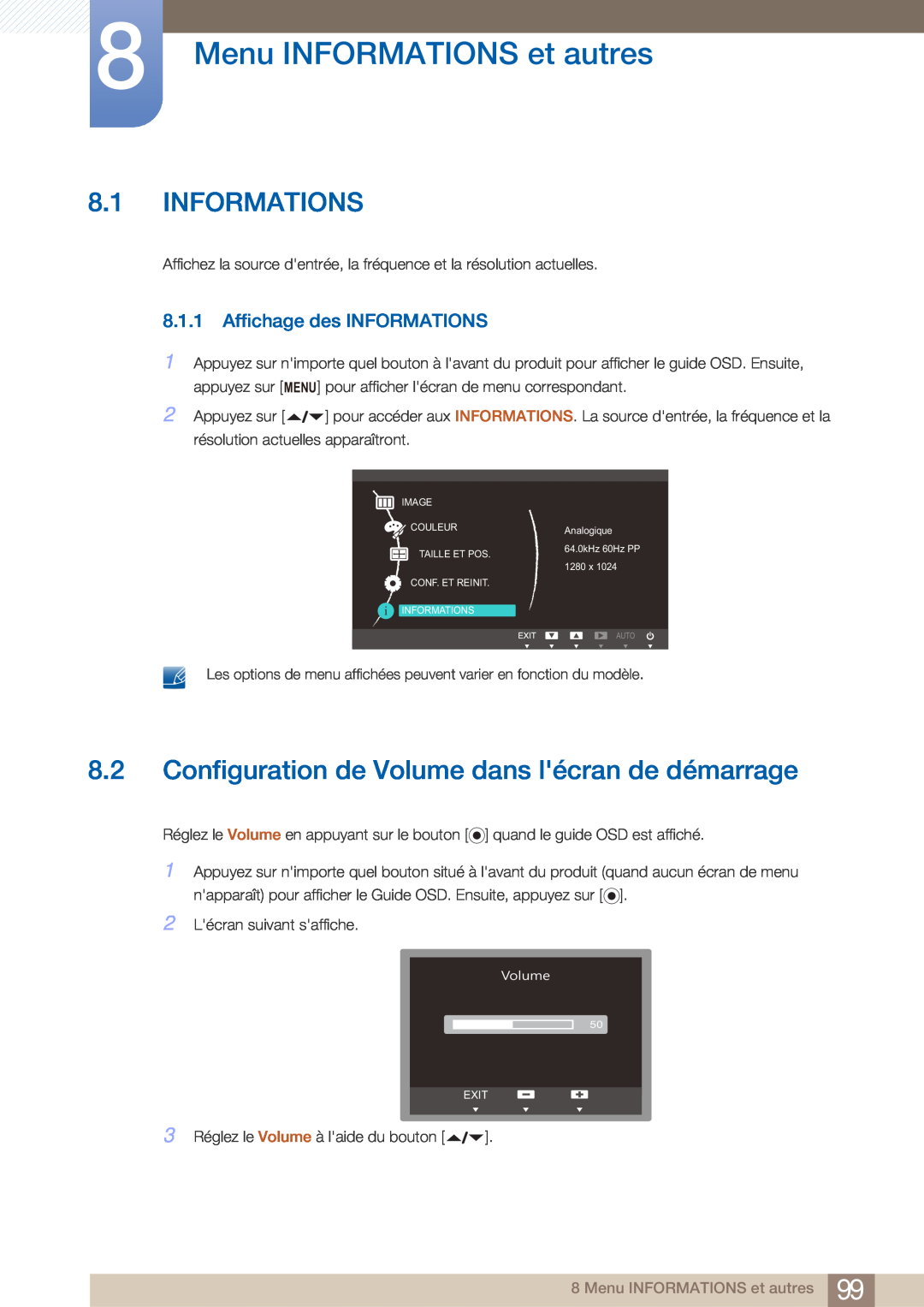 Samsung LF22FN1PFBZXEN manual Menu INFORMATIONS et autres, Informations, Configuration de Volume dans lécran de démarrage 