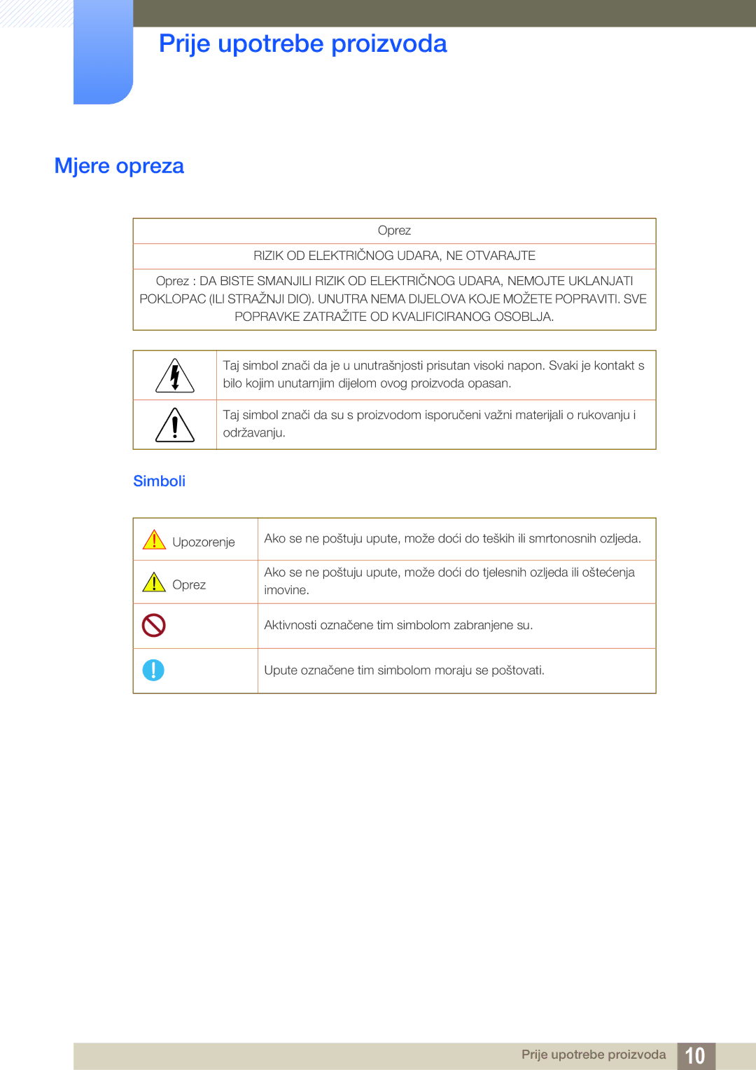 Samsung LF22NTBHBNM/EN, LF24FN1PFBZXEN manual Mjere opreza, Simboli 